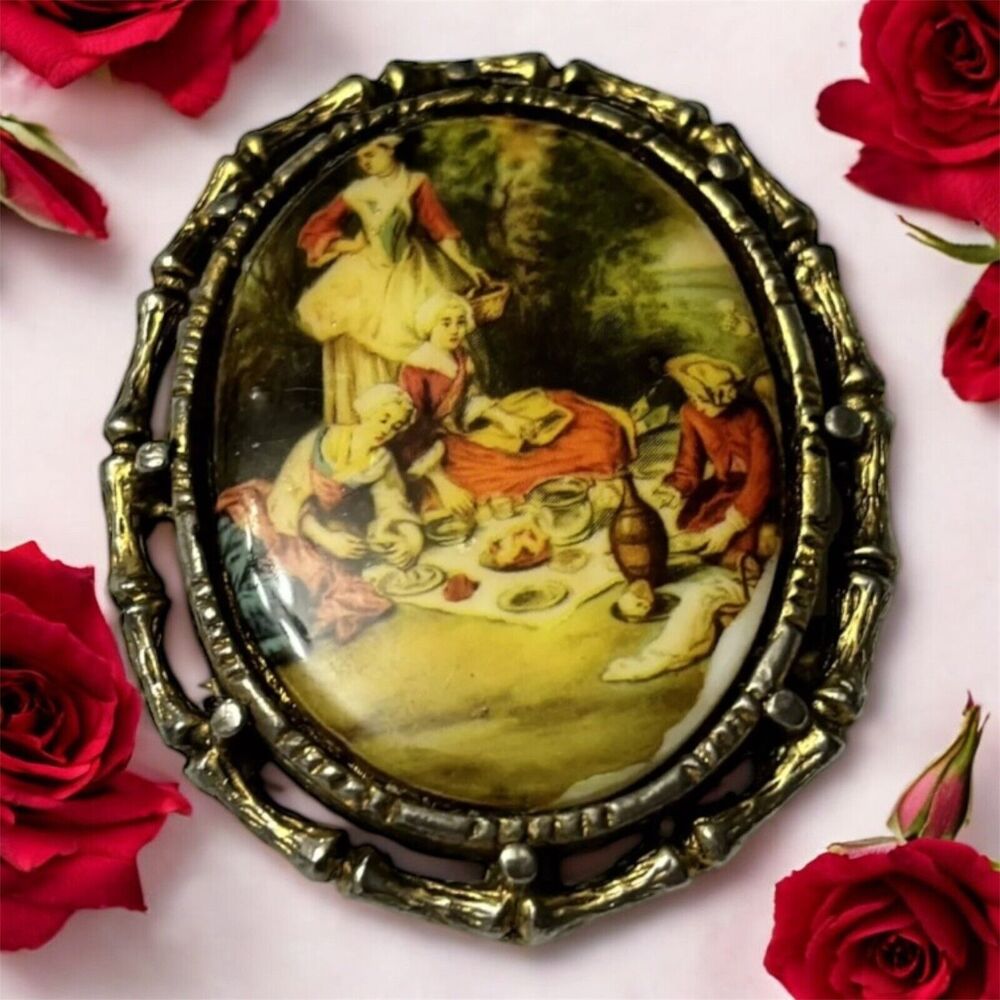 Vintage Brooch Pin Nicolas Lancret Art Reproduction Cameo Cabochon - Goldtone